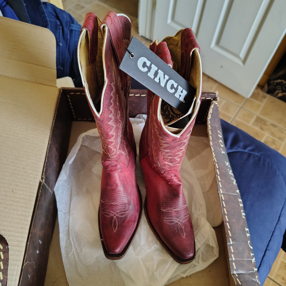 Brand New Cinch Red Leather Western Cowboy Boots with Tan Inner Trim In The Box